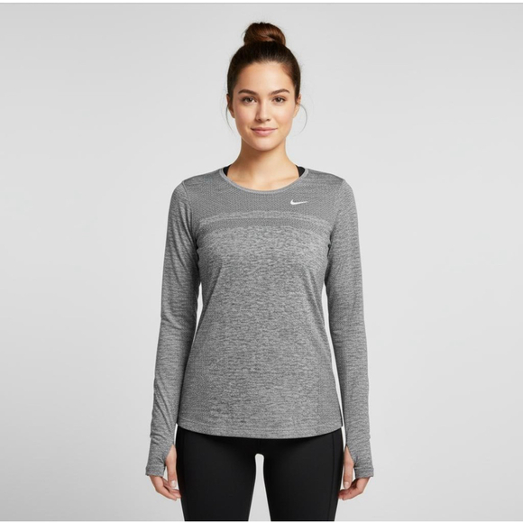 NIKE Women’s Gray DRI-FIT Knit Mesh Running Long Sleeve Active Top Size Medium - Picture 1 of 14